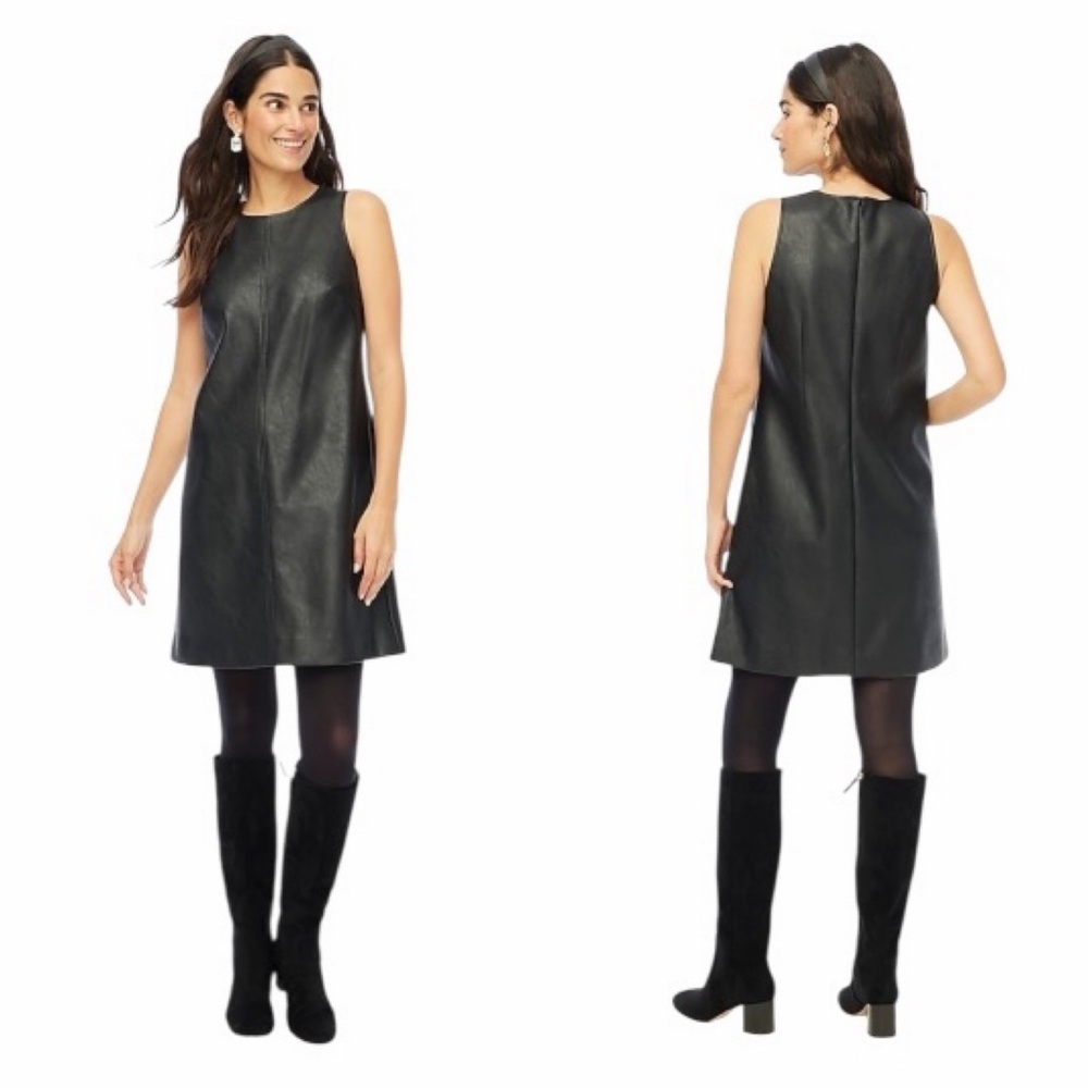NWT! J. Crew Black Faux-Leather Sleeveless Shift Dress. Size 10.